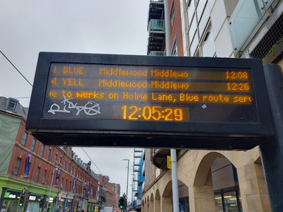 A Sheffield tram departure board showing a Blue line and Yellow line tram, both terminating at 'Middlewood Middlewo'